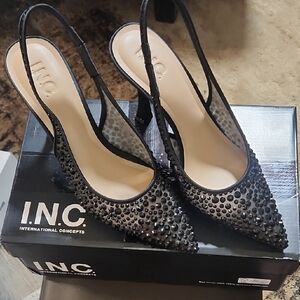 INC International Concepts Black Embellished Slingback Heels Gorgeous!
